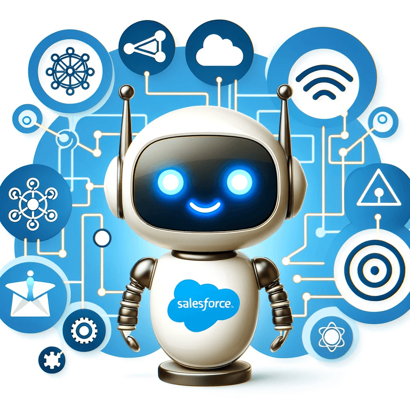 A cute smiling robot with the salesforce log
