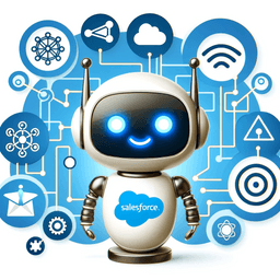 A cute smiling robot with the salesforce log